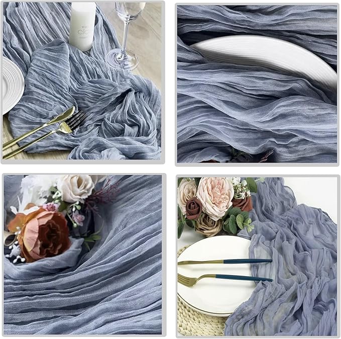MDS Pack of 6 Cheesecloth Table Runner 35x170 Inch, 14FT Long Gauze Cheese Cloth Table Runner for Wedding Party Birthday Bridal Shower Farmhouse Garden Boho Rustic Table Decoration - Dusty Blue