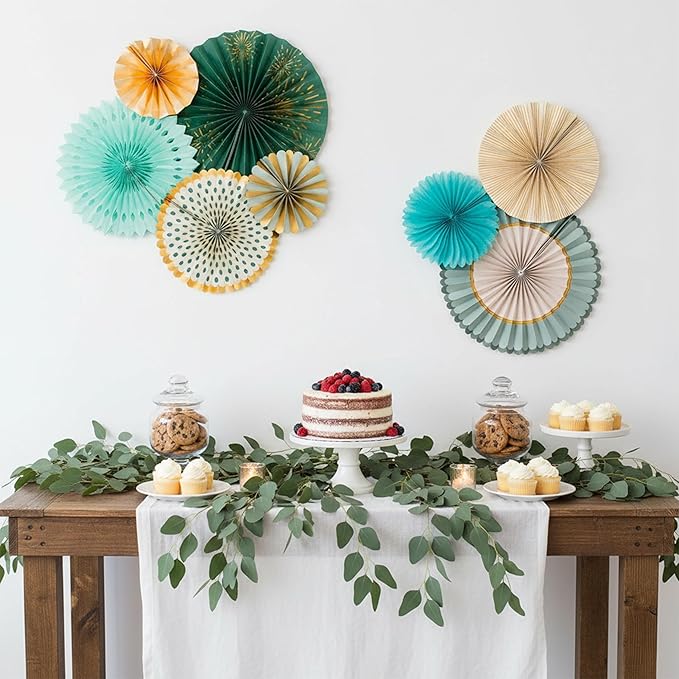 PapaKit 8-Piece Origami Paper Fan Set - Sage Green & Metallic Gold | Reusable Hanging Pinwheel Wall Decoration for Baby Shower, Wedding Backdrop, Eucalyptus Birthday Party & Bridal Shower
