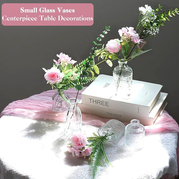 WARMALL Artificial Flowers with Vases, 16 Pcs Bud Vases, & 81 Pcs Artificial Plants DIY Set Suitable for Centerpieces Table Weddings Party Office and Indoor Decor Mini Small Glass Clear(White)