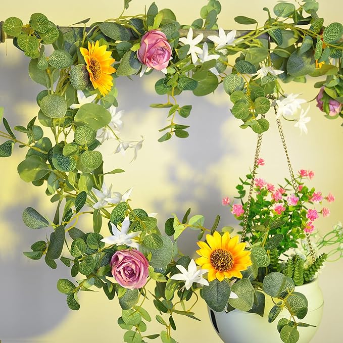 Naidiler Eucalyptus Garland with Flowers, Spring Decor for Mantle, Wedding Arch & Fireplace
