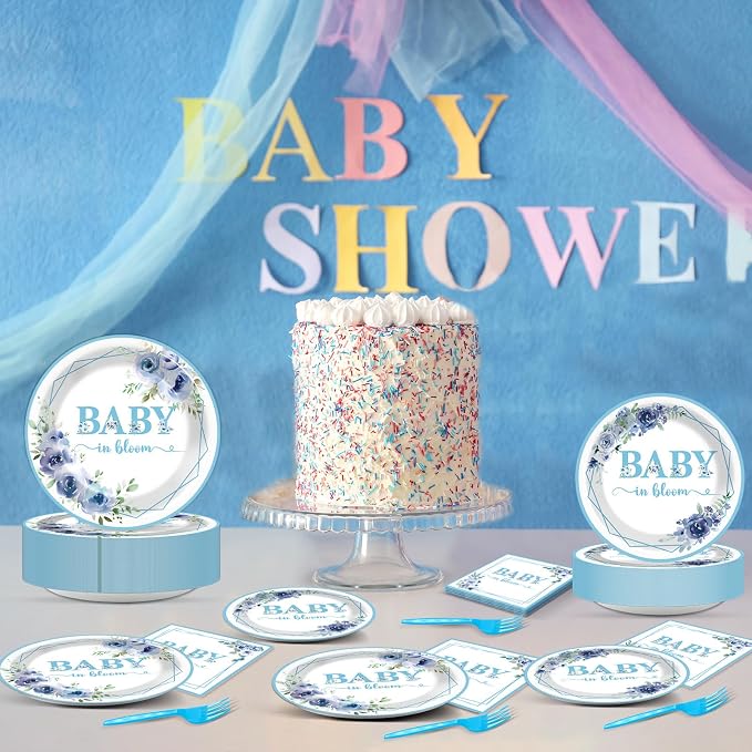 50 Guests Baby In Bloom Baby Shower Decoration Blue Flower Paper Plates Napkins Forks Spring Floral Theme Party Tableware Disposable Party Supplies Favor Plates For Boy Girl Birthday 200PCS