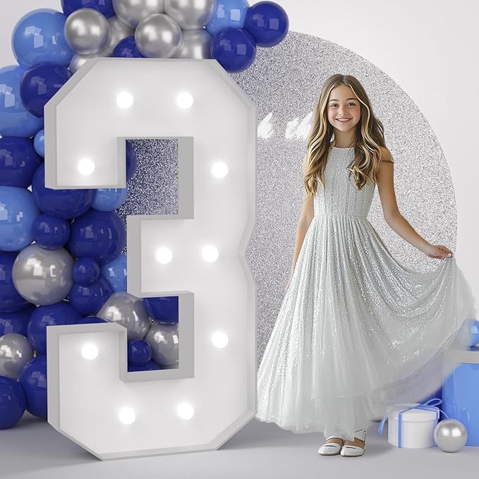 JoyMuse 4FT Marquee Numbers 3, Large Light Up Numbers 3 for 3rd 30th Birthday Decorations Cool White Light Number 3 for Anniversary Birthday Party Decor