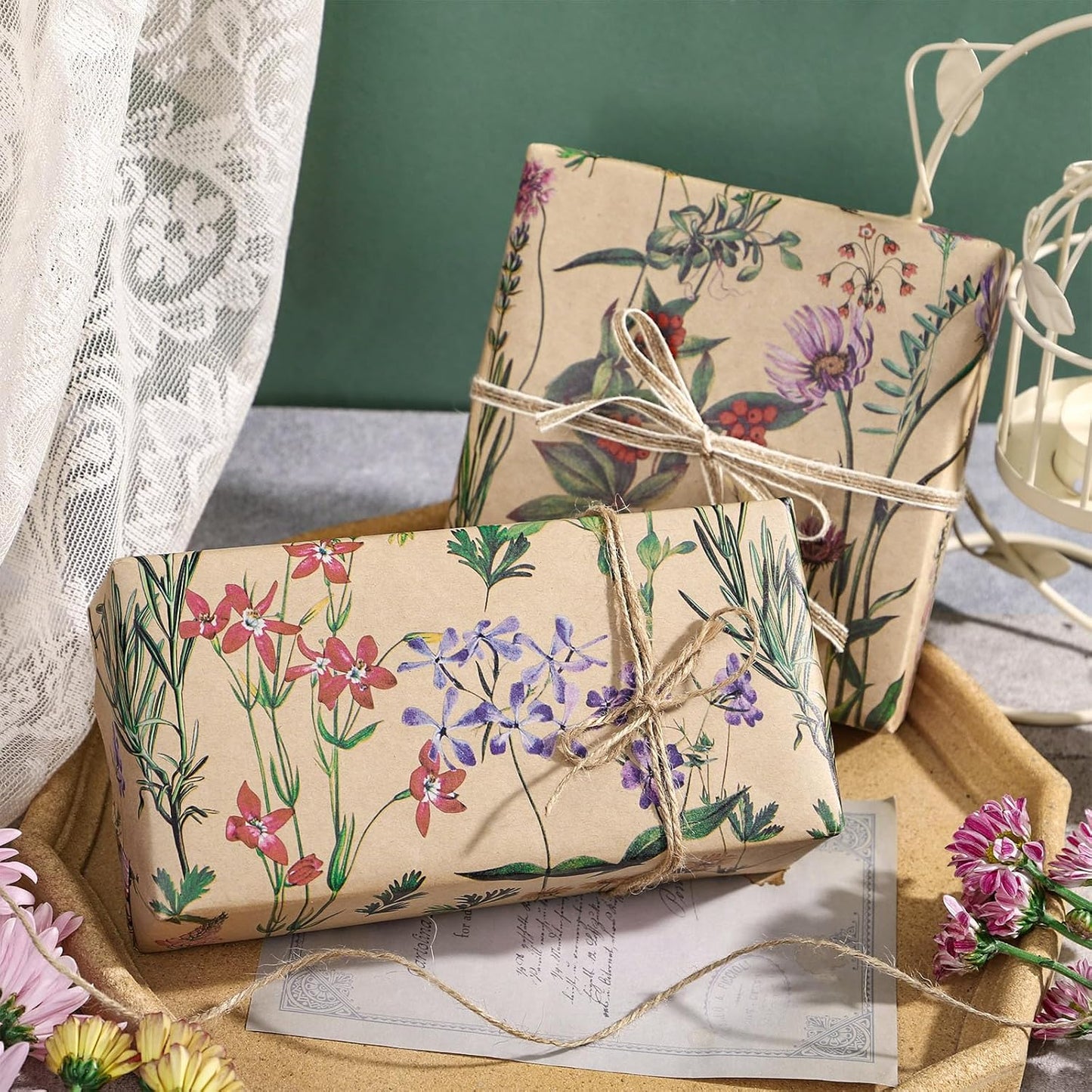 RUSPEPA 30" X 32.8' Wildflower Floral Wrapping Large Kraft Paper Roll for Women, Jumbo Roll, Herbal Kraft Wrapping Paper for Christian Gifts, Birthdays, Weddings, Bridal Shower, Engagement, 82 sq.ft