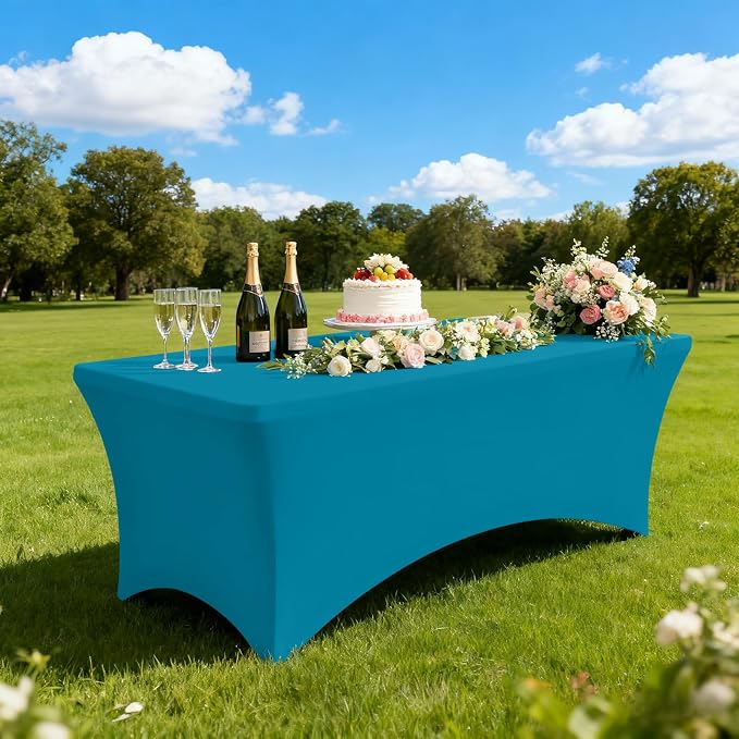 Moosfor Spandex Elastic Fitted 6FT Rectangle Tablecloth 6 Pack, Stretch Washable Reusable Table Cover for Outdoor Picnic, Dining, Wedding, Banquet & Party Events (Turquoise, 72Lx30Wx30H Inch)
