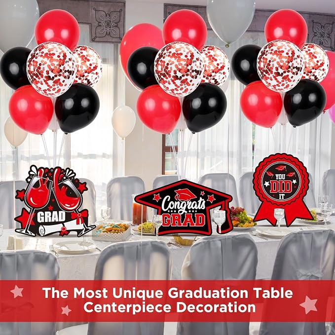 6 Sets Black Red Graduation Balloon Stand Kit for Table Decorations Class of 2025 Congrats Grad Table Centerpiece Grad Prom Themed Decoration for Grad School & College Ceremonies Party Supplies