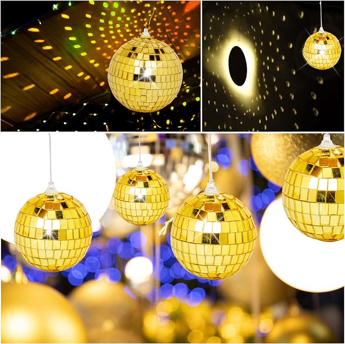 32 Pack Mini Disco Balls Decorations Different Sizes Mirror Ball with Hanging String Small Disco Ball Ornament for Disco Theme Party Cake Topper DJ Club Christmas Wedding Home Decor (Gold)