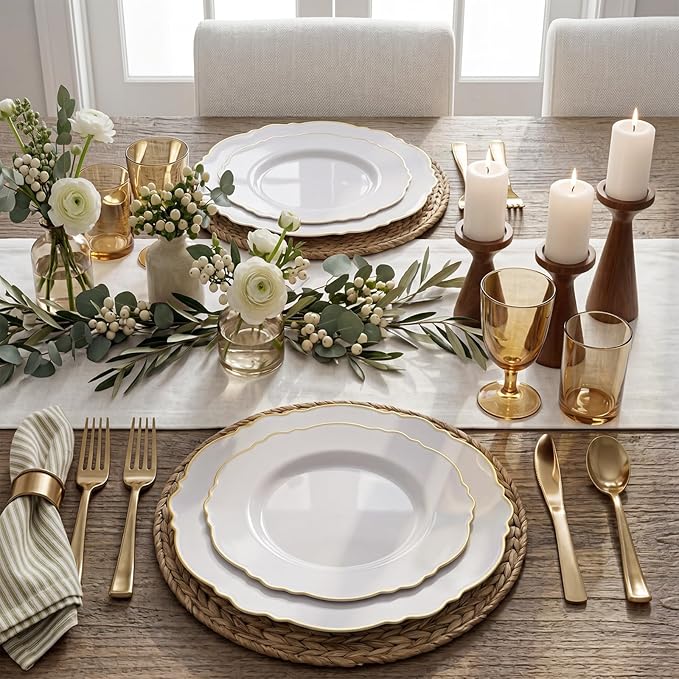 WDF 60pcs White and Gold Plastic Plates - Baroque White With Gold of 30 Heavy Duty Gold dinner plates 10.25inch, 30 Salad Plates 7.5inch Perfect for Wedding/Baby Shower/Spring/Mother's Day