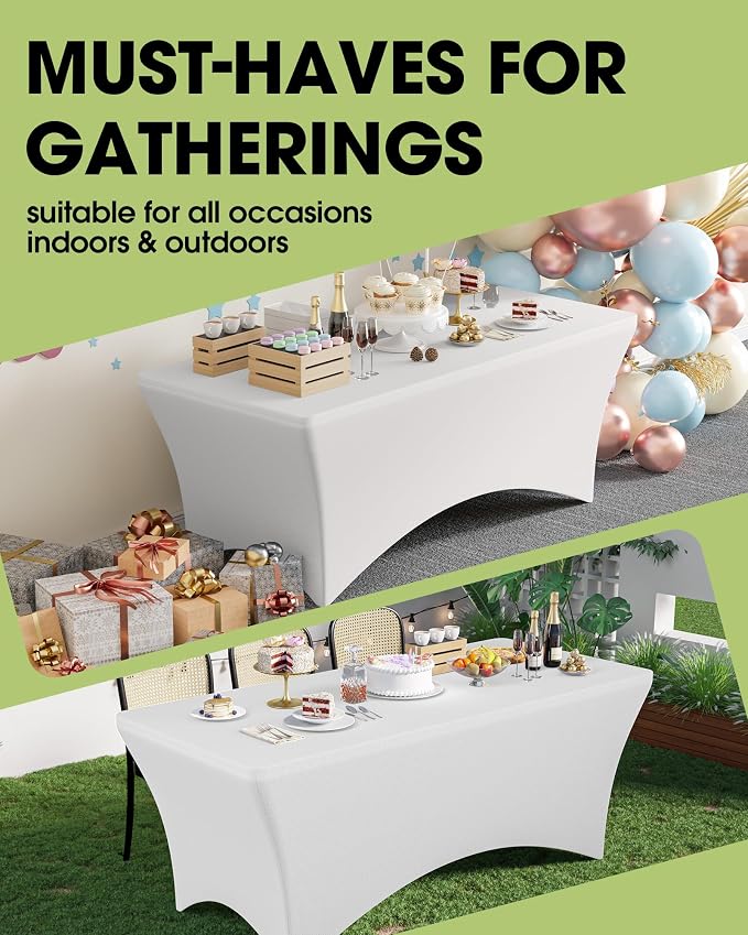 Pureegg Spandex Tablecloth 8ft - 6 Pack, Fitted and Stretch Table Cover for Rectangle Tables, Wrinkle-Resistant and Secure Fabric for Outdoor, Picnic, Party, Wedding, Banquet and Birthday, White