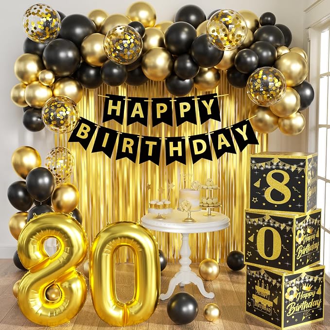 Gold 80th birthday decorations for men,3pcs birthday Decorations for Men boys black and gold Balloon Boxes Birthday Party Favors