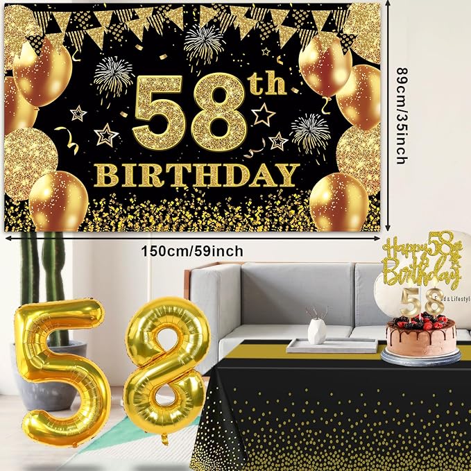 58th Birthday Decorations Men Women with 58th Birthday Banner, Black and Gold Table Cloth, Number Balloons, Large Sash, Cake Topper and Candles