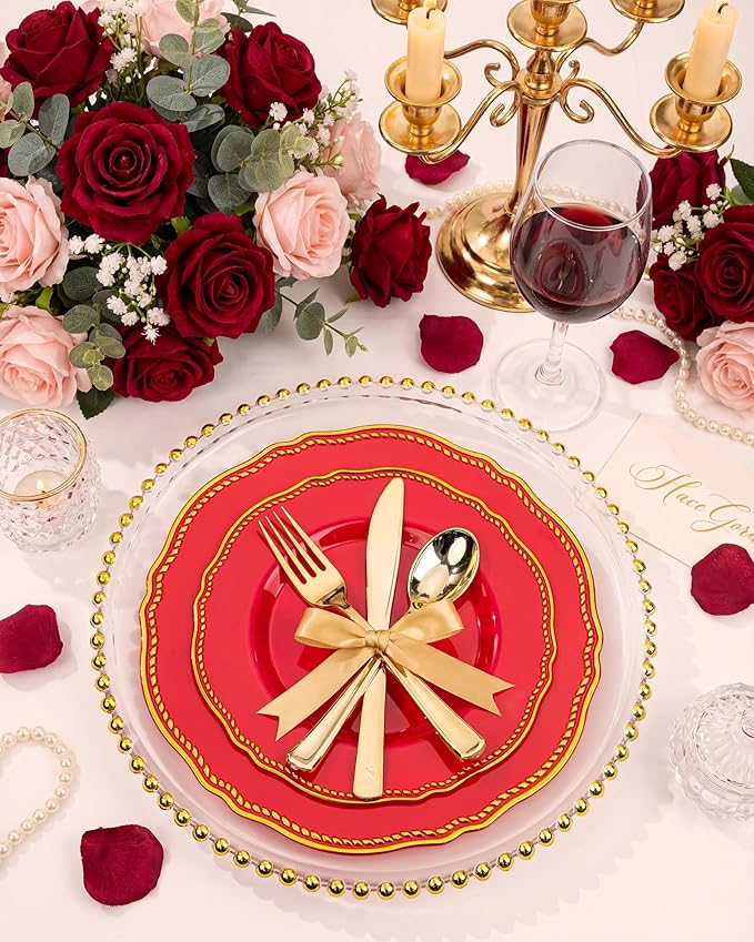 Hioasis 175pcs Red Gold Plastic Plates - Red Plastic Dinnerware Set Includes 25 Dinner Plates, 25 Dessert Dinnerware, 25 Cups, 25 Pre-rolled Napkins Perfect for Wedding & Party & Mother’s Day