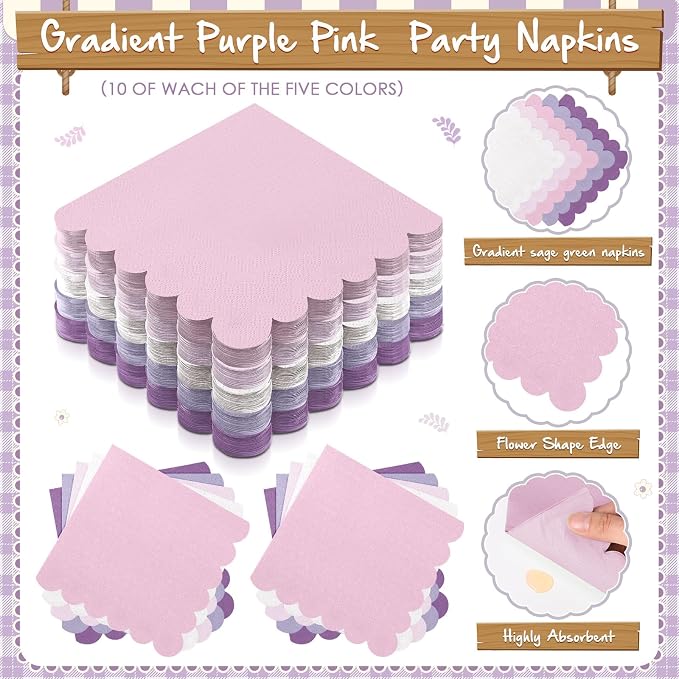 Zhehao 150 Pcs Pink and Purple Plates and Napkins Tableware Serves 50 Includes 9 Inch 7 Inch Purple Scalloped Edges Paper Plate and Napkins for Wedding Birthday Baby Shower Party