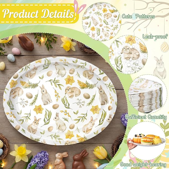 Vesici 150 Pcs Easter Bunny Oval Paper Plates and Napkin Set Bunny Tableware 10'' x 12'' Large Disposable Heavy Duty Rabbit Green Leaves Dessert Plates Cups Napkins for Spring Easter Party Supplies