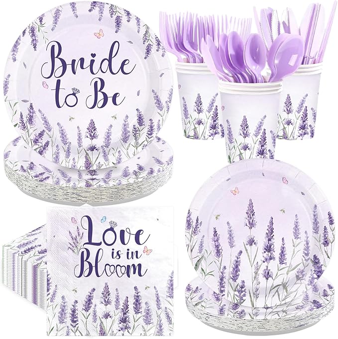 168 Pcs Purple Lavender Bridal Shower Party Supplies Floral Flower Plates Napkins Cups Forks Knives Spoons Bride to Be Paper Tableware Set for Bachelorette Wedding Engagement Decorations Serves 24