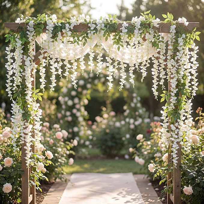 Suncalla 24 Pcs Wisteria Hanging Flowers Vines Fake Hanging Flowers Garland Artificial Wisteria Vines for Wedding Arch Party Home and Garden Decor Table Backdrop (White)