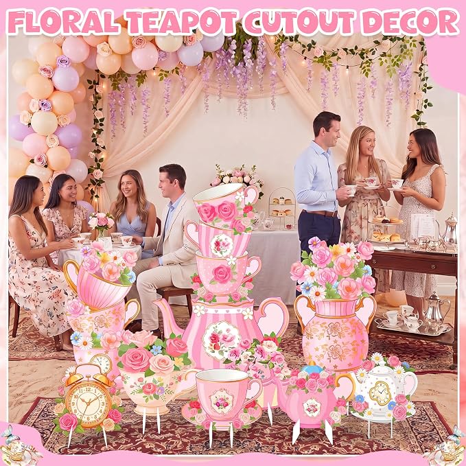 9 Pcs Tea Party Decorations Set, Large Floral Cutouts with Stand, Vintage Teapot Cup Decor for Girls Birthday, Bridal Shower, Photo Backdrop Supplies