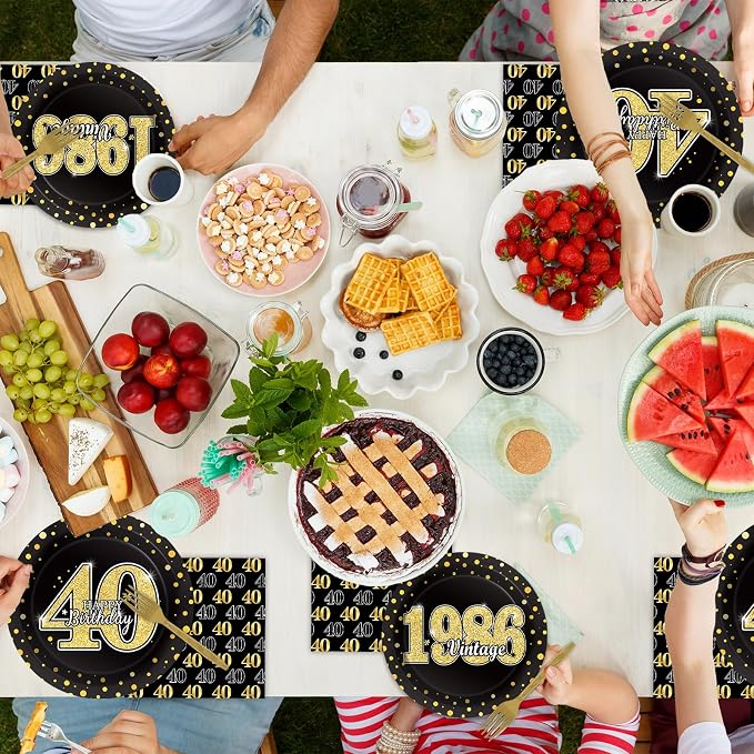 40th Theme Bithday Party Tableware Vintage 1986 Party Supplies 40 Year Old Birthday Decorations Plates Napkins Forks Black and Gold Dinnerware Favors for Men or Women