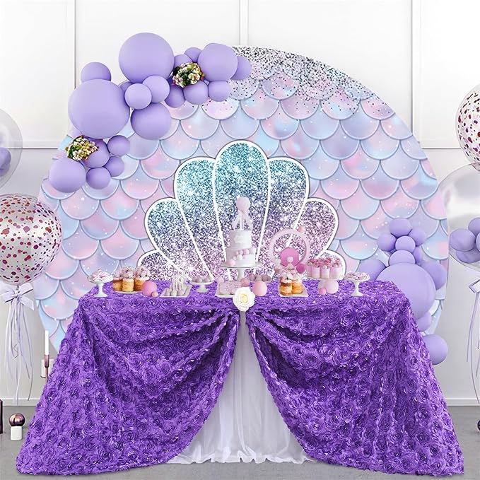 Fanqisi Purple Tablecloth 90x156 Inches Rosette Satin Tablecloth Birthday Party Table Cover Bridal Shower Table Decor Halloween Decorations
