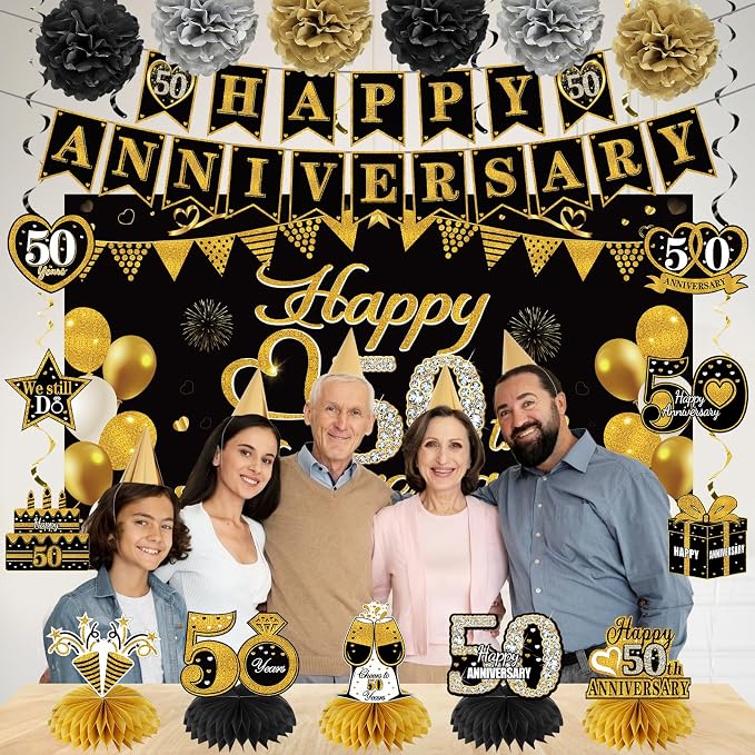 Turypaty Happy 50th Anniversary Decorations Kit, Black Gold 50th Wedding Anniversary Party Supplies - Large Happy Banner Backdrop, Table Centerpieces, Hanging Swirls, Paper Pompoms