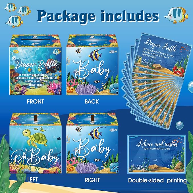 Teling 51 Pieces Diaper Raffle Tickets with Card Box Baby Shower Decorations Baby Shower Holder Box for Girl Boy Diaper Raffle Party(Under the Sea)