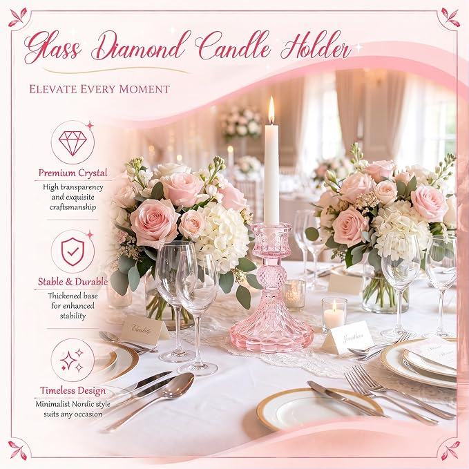 Sieral 24 Pcs Pink Taper Candle Holders 4'' Tall Candlestick Glass Holders Bulk Crystal Decorative Stand Wedding Stick Holder for Anniversary Party Dining Table Festival Decor