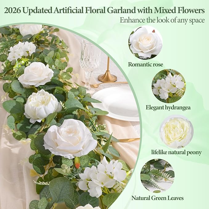 Livole 6 FT Artificial Flower Garland Real Touch Fake White Floral Rose Peony Garland with Eucalyptus Flower Hanging Vine for Wedding Table Centerpieces Backdrop Party Arch Home Decorations