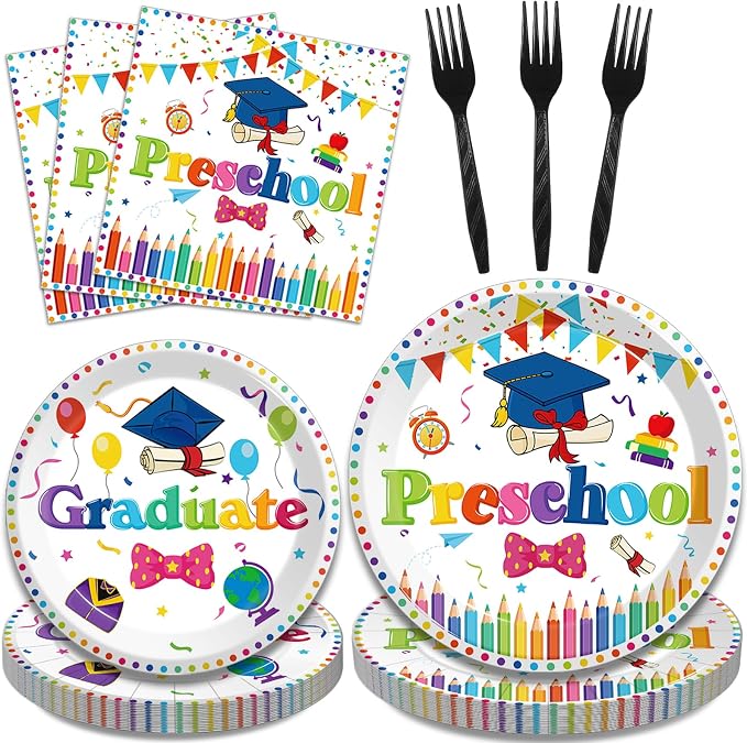 Kepeel 96pcs Preschool Graduation Party Plates and Napkins Set, Pre-K Grad Party Supplies Decorations Preschool Kindergarten Graduation Disposable Paper Plates for Boys Girls, Serves 24 (White)