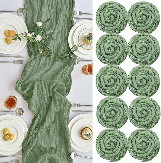 IVAPUPU 10 Pcs Cheesecloth Table Runner - 10ft Sage Green Spring Boho Gauze Cheese Cloth Table Runners for Baby Shower Decorations Wedding Party Garden Farmhouse