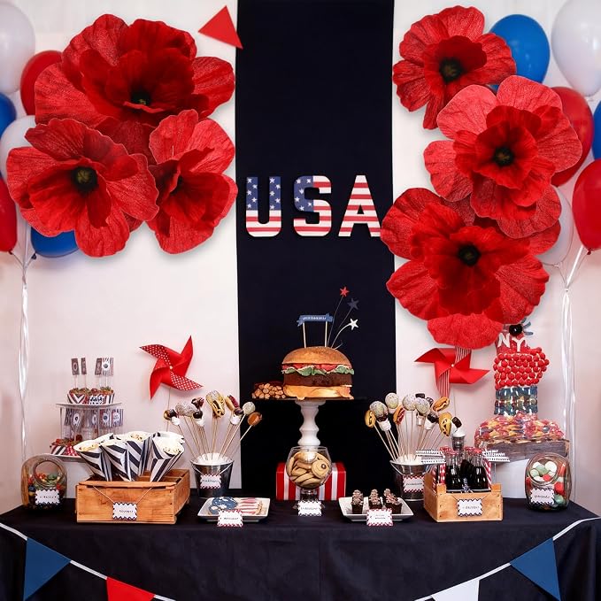 Norme 6 Pcs Giant Artificial Poppy Flowers 12, 16, 20 Inch Large Poppy July of 4th 250th Anniversary Patriotic Petals Giant Red Flowers for Independence Day Memorial Day Arch Decoration, Home Decor