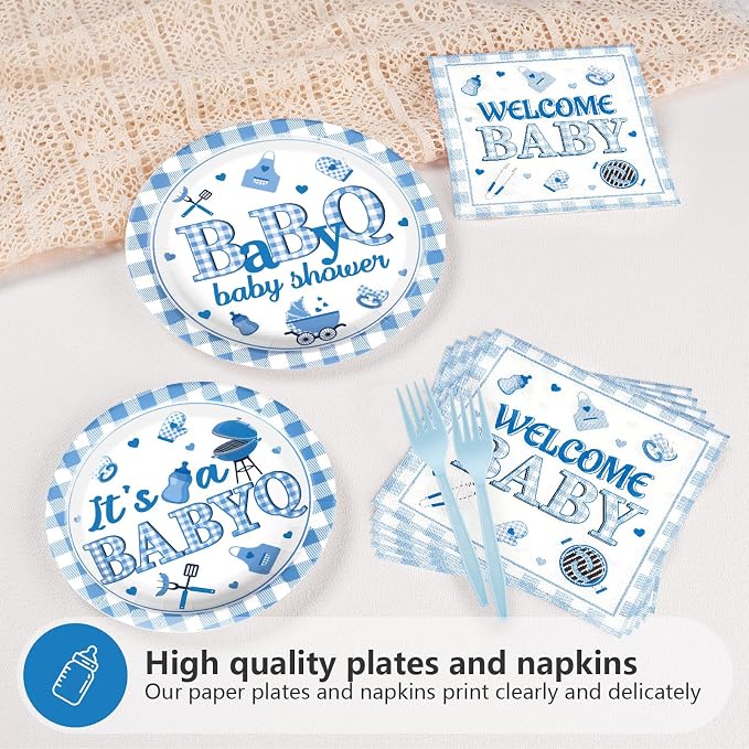 Grencian 96PCS BBQ Baby Shower Decorations It’s A BabyQ Party Plates Disposable Blue BBQ Party Tableware Set for Boys Barbecue Themed Baby Shower Gender Reveal Picnic Birthday Party, Serves 24