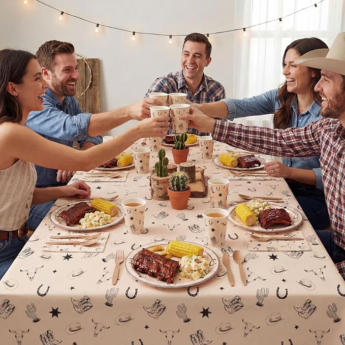 Vesici 452 Pcs Cowboy Party Supplies Tableware Set for 50 Guests Western Paper Plates Napkins Plastic Tablecloth Cups Cutlery Straws Wild West Rodeo Theme Birthday Baby Shower Bachelorette Party Decor