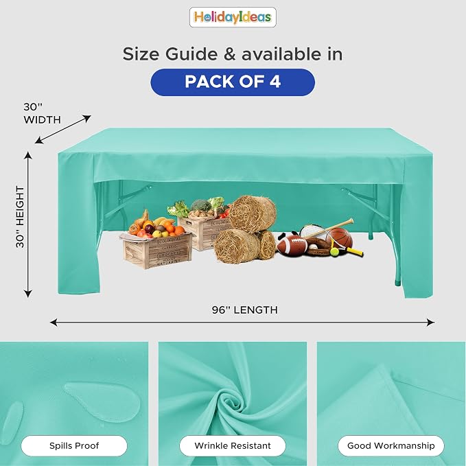 HolidayIdeas 4-Pack 8ft Open Back Fitted Tablecloths for Craft Shows Aqua | 3-Sided coverage wrinkle resistant tablecloths for vendor booths,banquet events,outdoor pop-up shop