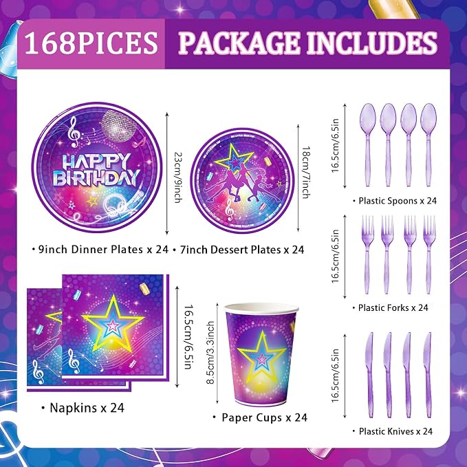 168pcs Kpop Birthday Party Plates Napkins Purple Magical Music Party Supplies Disposable Tableware Set Dance Birthday Decorations for Girls Serve 24 Guests