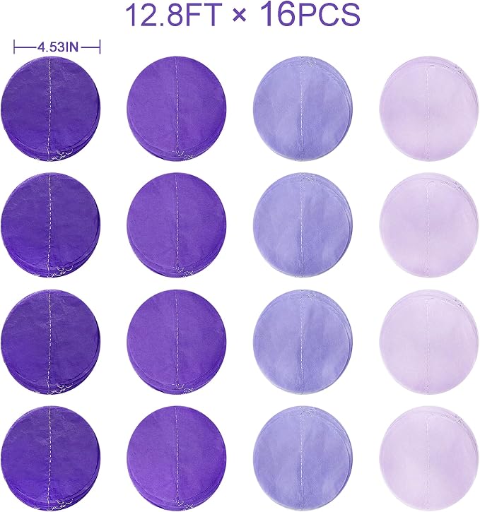 205Ft Lavender Party Decoration Ombre Purple Polka Dot Backdrop Streamer Tissue Paper Circle Dot Hanging Garland for Birthday Bachelorette Wedding Bridal Shower Engagement Lilac Violet Party Supplies
