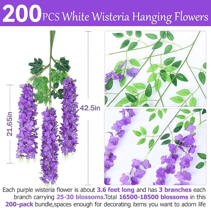 200 Pack Purple Wisteria Hanging Flowers,Fake Hanging Wisteria Flowers Garland for Decoration (3.6 Ft/Pcs)