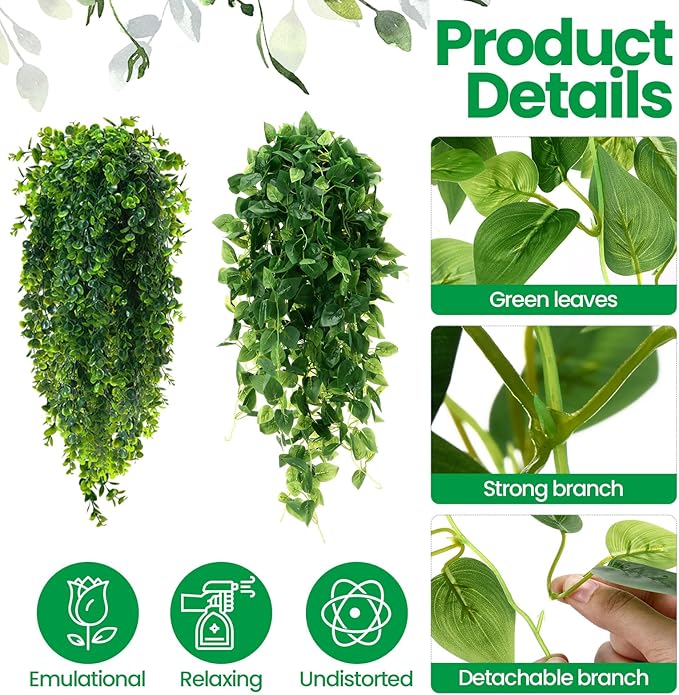XunYee 28 Pcs Artificial Hanging Plants 32 Inch Plastic Fern Vine Fake Greenery Plant Faux Eucalyptus Vine for Wall Room Wedding Indoor Outdoor Decor, No Baskets(Boston Fern,Greenery, Eucalyptus)
