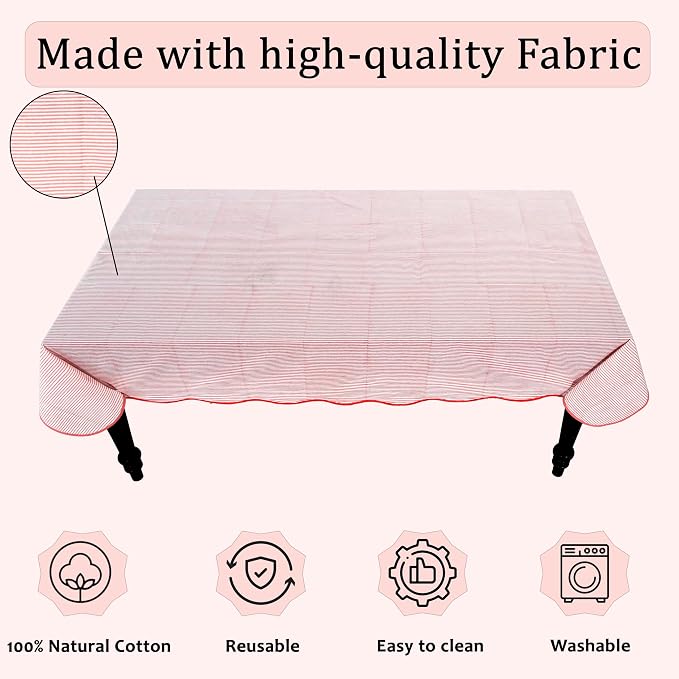 Ridhi Blush Coral Stripe Block Print 60x120 Rectangle Tablecloth Table Cover for Dining Tables, Handcrafted Farmhouse Kitchen Decor, Washable, Decorative Tablecloths for Spring, Easter, Valentine