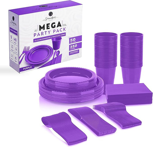 Grandipity 350 Piece Purple Disposable Dinnerware Set, Includes 50 of Each: 9" Dinner Plates, 7" Dessert Plates, 12oz Cups, Paper Napkins, Forks, Knives & Spoons
