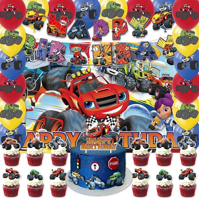 42Pack Blaze and the monster Party Supplies Kit Set Include Banner ,Cake Topper ,Backdrop ,Balloons for Party Decorations (YE4)