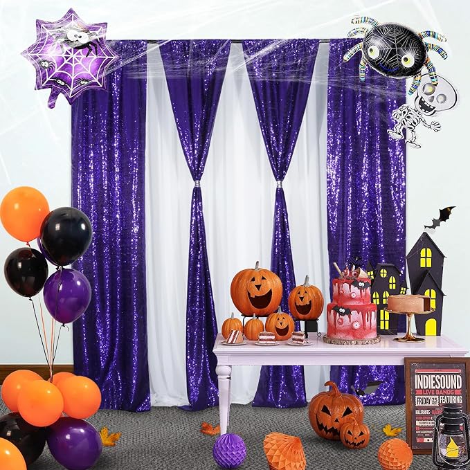 SquarePie 2 PCS 2x8ft Purple Sequin Backdrop Curtains, Satin-Backed Shimmering Photo Booth Background, 2 Panels Narrow Real Sequin Drapes with 4" Rod Pocket for Party, Baby Shower, Doorway Decor
