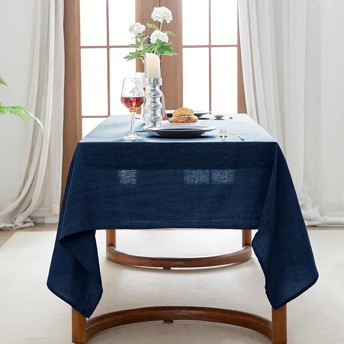 EVERLY 100% Pure Linen Rectangle Tablecloths 60x108Inches for Dining,Buffet Parties,Picnic,Events,Weddings and Restaurants,Decorative Halloween,Thanksgiving Machine Washable Tablecloths-Navy Blue