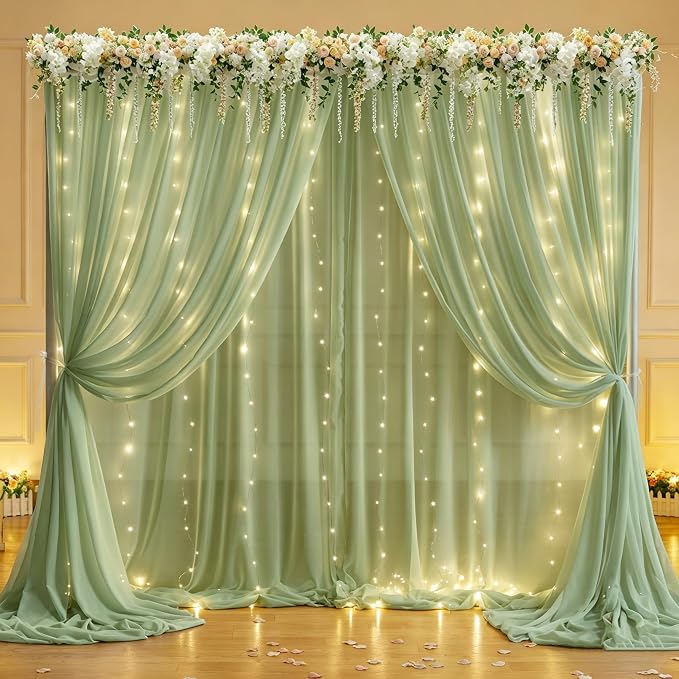 20 x 10ft Sage Green Chiffon Backdrop Curtain with Lights String for Parties,4 Panels Sheer Tulle Curtain Wedding Backdrop for Baby Shower Birthday Party Ceremony Reception Home Decorations