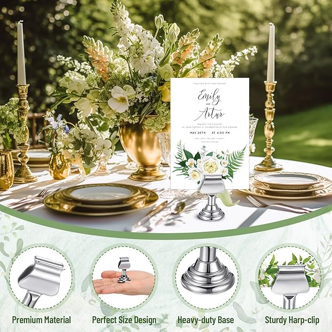 Kathfly 24 Pcs Wedding Table Number Holders 1.7 Inch Metal Silver Mini Place Card Holders Bulk Harp-clip Table Sign Stands Card Holder Display Picture Memo Notes Menu for Restaurants Birthday Decor