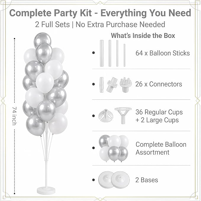 Balloon Column Kit Set of 2 With Balloons Included - with Base, and Pole,Balloon Tower Backdrop Decoration for Wedding, Baby Shower, Birthday Party, or Bachelorette Parties (Silver White)