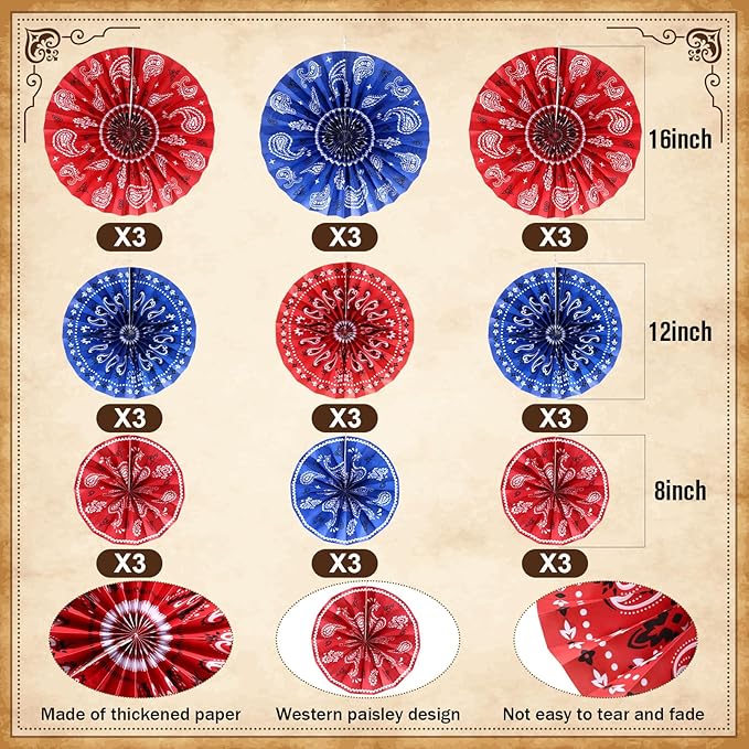 Outus 18 Pcs Western Party Decorations Paper Fans Wild West Bandana Hanging Paper Fans Ceiling Wall Garland for Western Cowboy Themed Party Decorations (Red/Blue)