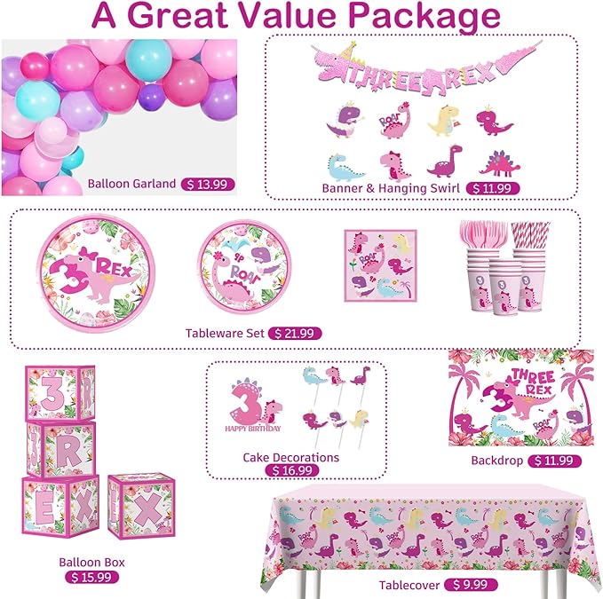 314Pcs Three Rex Birthday Decorations Serves 25 Guests, All-in-One Pink Dinosaur Birthday Decorations Includes Balloon Arch Kit, Banner, Plates, Balloons Box, Tablecloth, Cake Topper