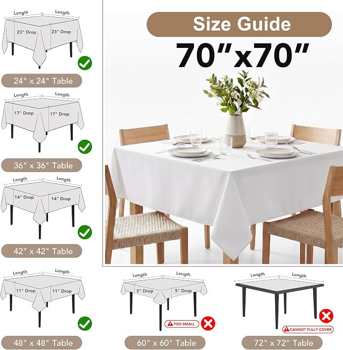 Fitable 6 Pack White Square Tablecloths - 70 x 70 Inches - Stain Resistant and Reusable Table Clothes, Polyester Fabric Table Covers for Dining, Card Tables, Coffee Tables