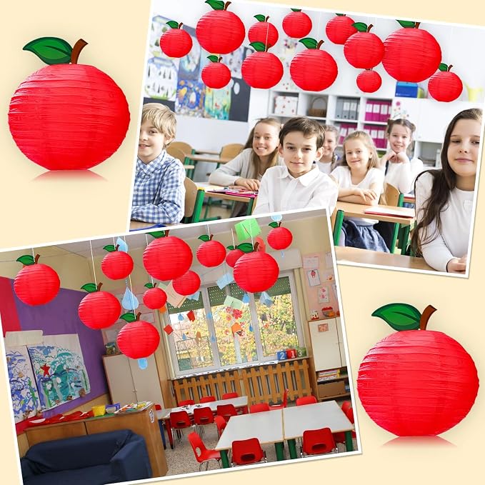 Retisee 12 Pcs 10 Inch Back to School Decoration Red Apple Hanging Paper Lanterns First Day of School Party Decor for Kindergarten Preschool Classroom Ceilings Decor Birthday Supplies