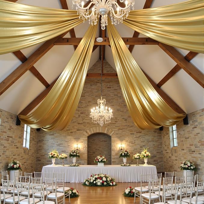 10ftx40ft Gold Ceiling Curtain for Wedding Parties – 2 Panels Wrinkle-Free 40 FT Long Tent Draping Curtains for Wedding, Birthday & Theme Parties, 40ft Height with Rod Pocket