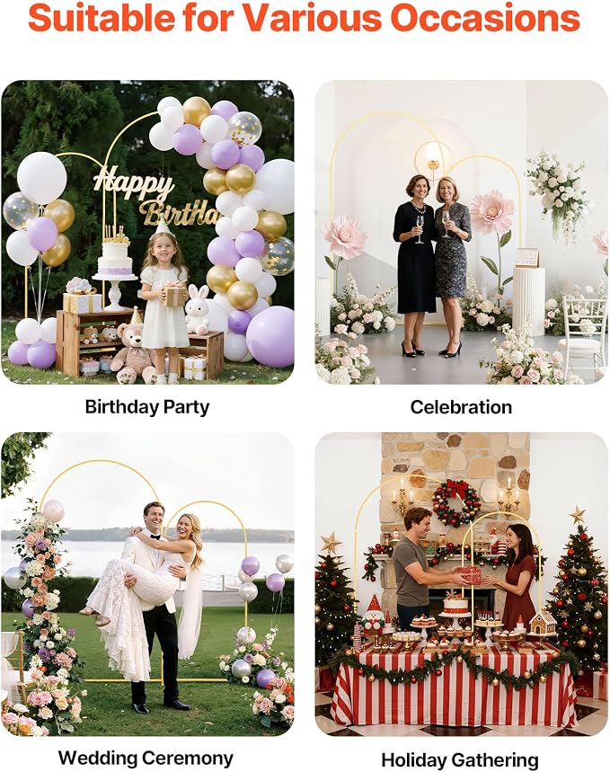 VEVOR Arch Backdrop Stand, Set of 2, 7.2 ft and 6 ft, Stable Structure, Easy Assembly, Gold Metal Arch Backdrop Stand for Wedding, Birthday Party, Graduation, Celebration, and Ceremony Decoration